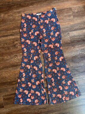 by Anthropologie NWT Blue Floral Bell Bottom Flare Pants US 10, Was $120